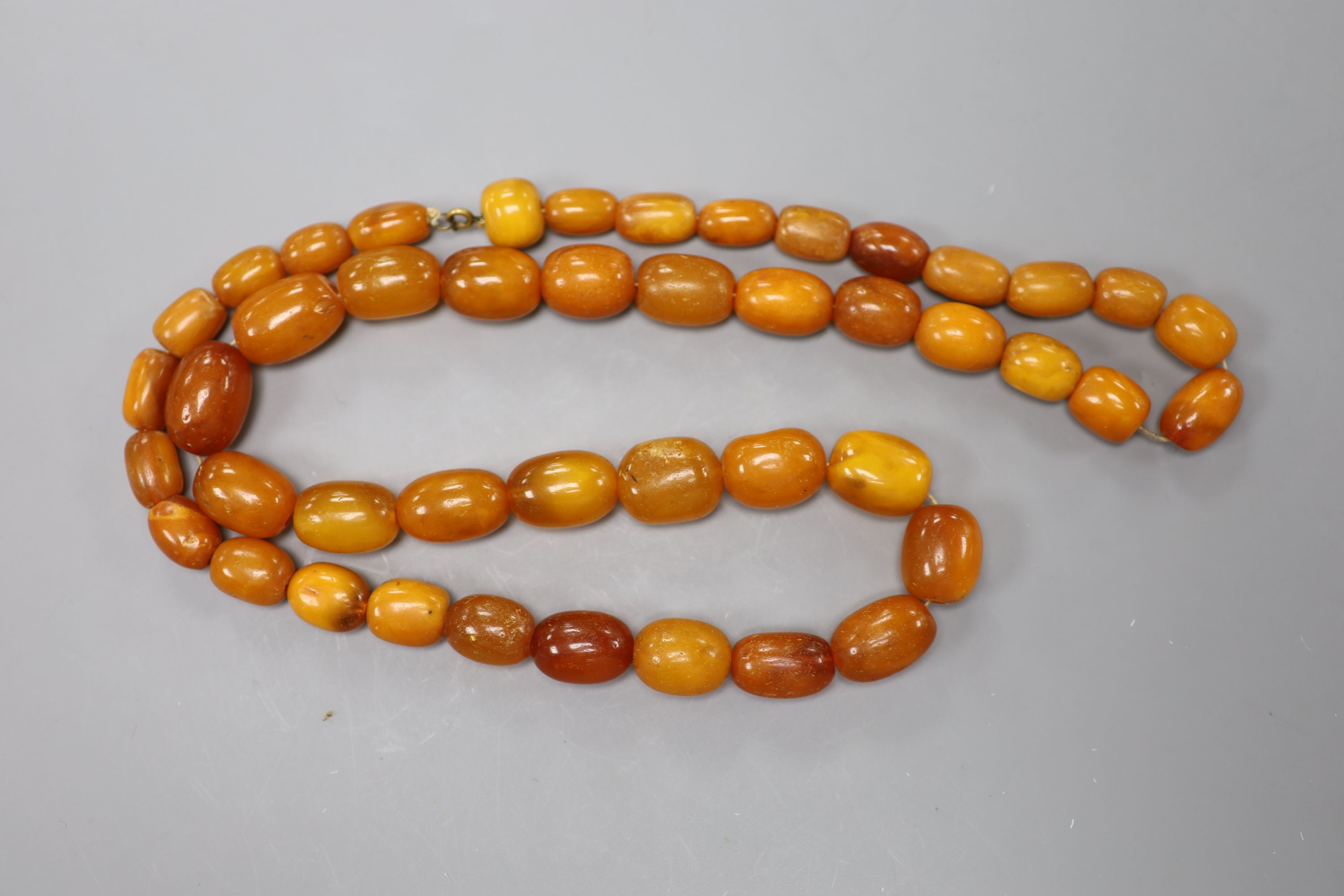 A single strand, graduated oval amber bead necklace, 86cm, gross 104 grams